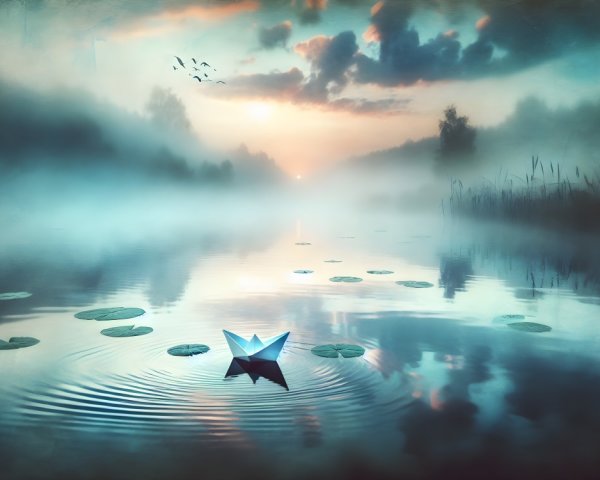 Tranquil Landscape with Water, Mist, and Lilies