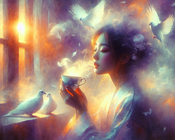 Serene Woman in Traditional Attire with Teacup and Doves
