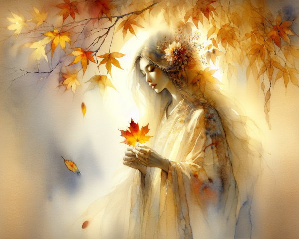Serene Woman Surrounded by Autumn Leaves and Glow