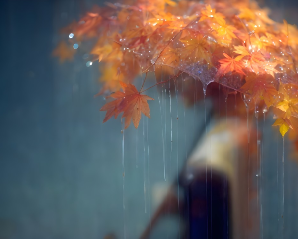 Autumn Leaf Umbrella in Rainy Dreamy Setting