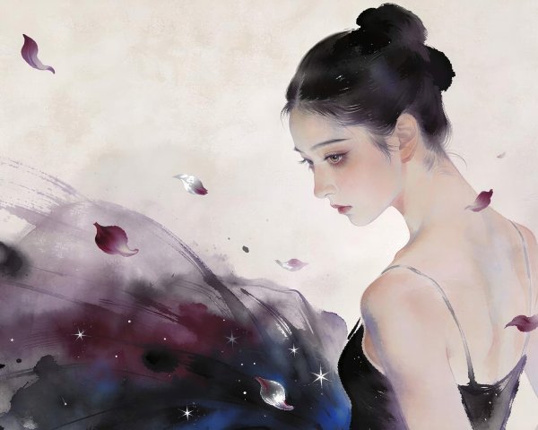 Digital Painting of a Contemplative Woman in Asian Style