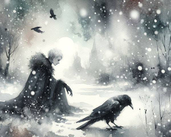 Mystical snowy landscape with cloaked figure and raven