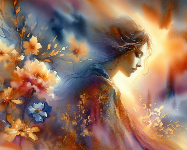 Watercolor Illustration of a Serene Woman and Flowers