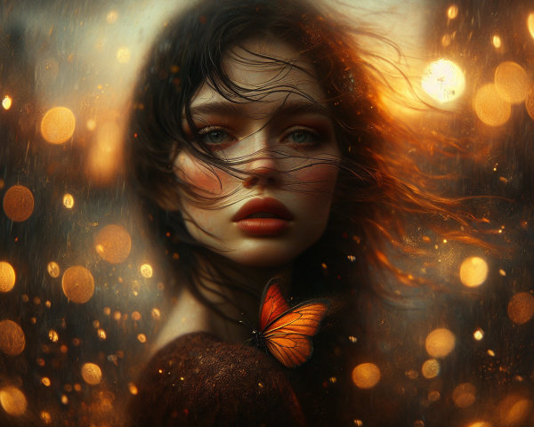 Close-up of a woman with butterfly and golden bokeh