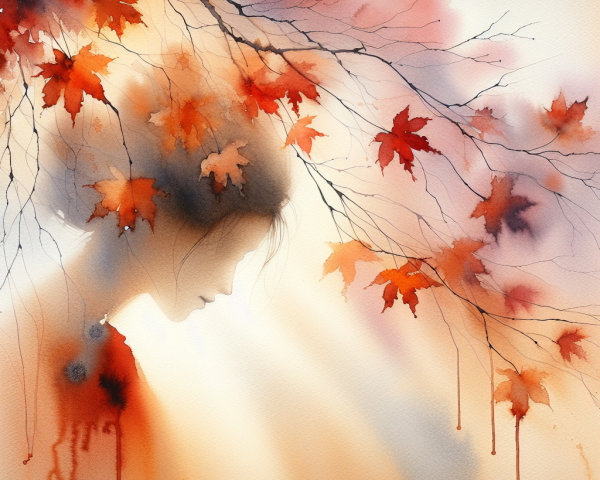 Watercolor Portrait of Silhouette with Autumn Leaves