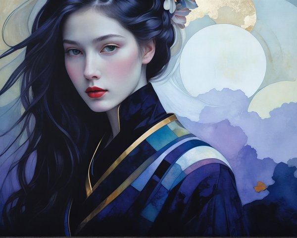 Portrait of a Woman in Kimono with Moonlit Clouds