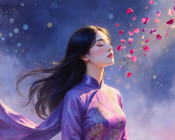 Serene Woman in Purple Dress with Rose Petals