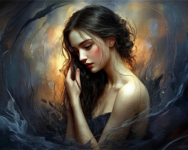 Melancholic Young Woman in Ethereal Background