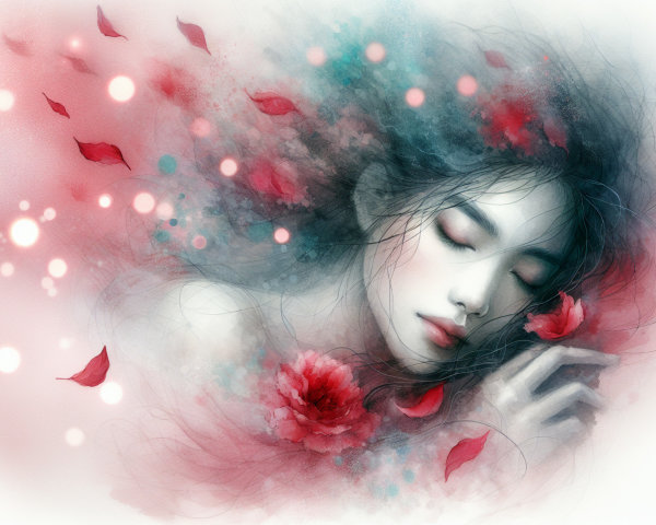 Serene Portrait of a Woman Surrounded by Flowers