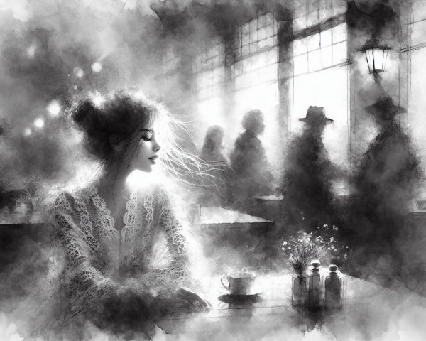 Serene woman in dim café with a mysterious atmosphere