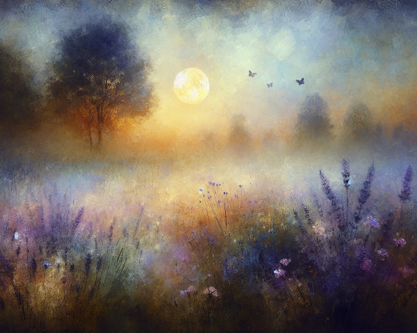 Serene Dawn Landscape with Mist and Wildflowers