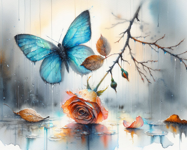 Blue Butterfly Above Rose in Misty Nature Scene