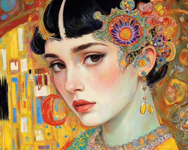 Colorful Close-Up Portrait of Young Woman in Klimt Style