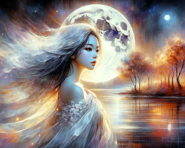 Serene figure by tranquil lake under full moonlight