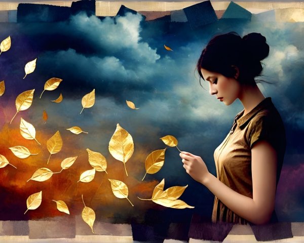 Woman in profile amidst dark clouds and golden leaves