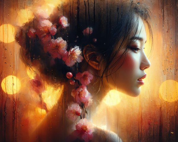Profile of a Woman with Flowers and Dreamy Background