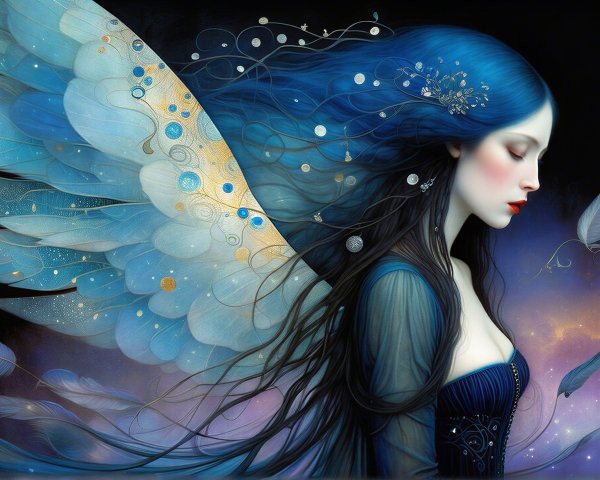 Serene figure with blue and black hair and wings