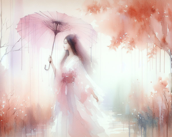 Watercolor Scene of Woman in Kimono with Umbrella