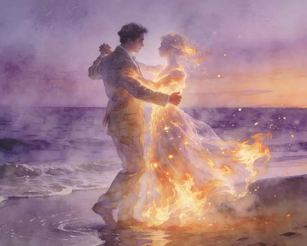 Digital Watercolor Painting of a Couple Dancing at Sunset
