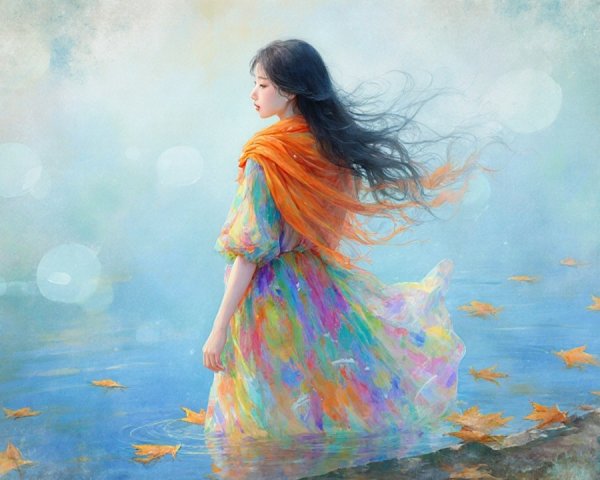 Young Woman in Vibrant Dress Among Autumn Leaves
