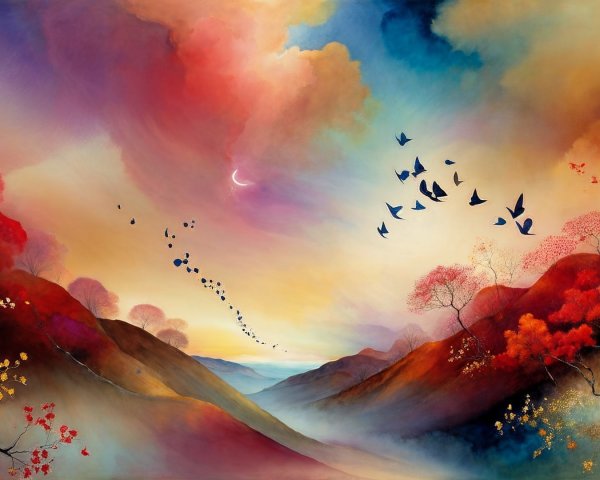 Vibrant Landscape Painting with Colorful Sky and Birds