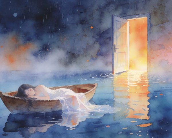 Watercolor Painting of Girl Sleeping in Boat at Night