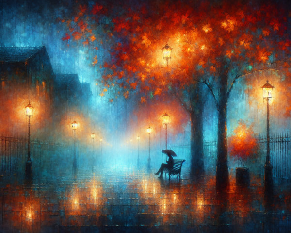 Misty Evening Scene with Autumn Tree and Solitary Figure