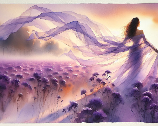 Serene landscape with woman in ethereal dress and flowers