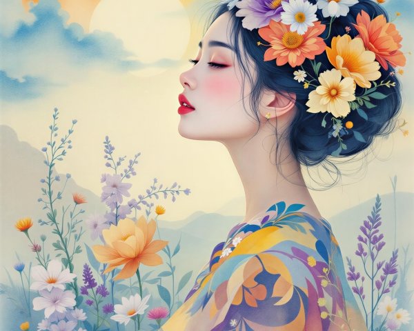 Profile of a Woman with Floral Crown in Nature