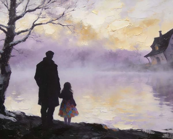 Silhouette of Father and Daughter by Misty Lake at Dusk