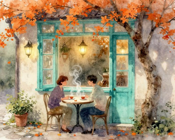 Autumn Cafe Scene with People and Vibrant Leaves