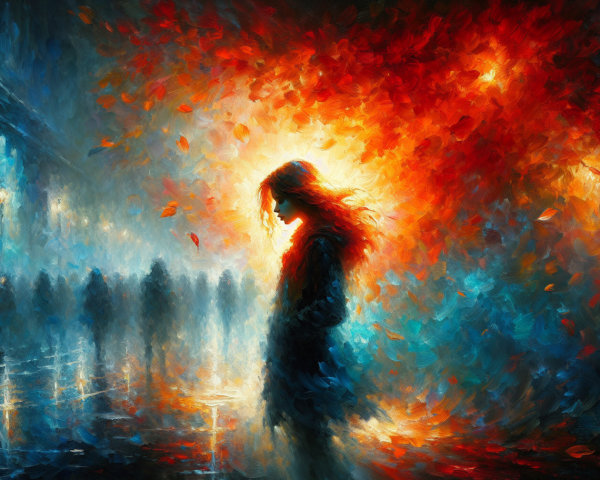 Vibrant Painting of Solitary Figure in Fiery Colors