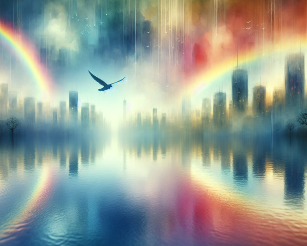 Vibrant Cityscape with Fog and Rainbows Over Water