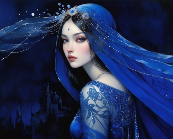 Woman in Blue Fabrics Against Moonlit Background