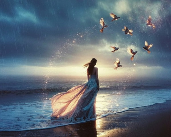 Figure in White Dress on Beach with Rain and Waves