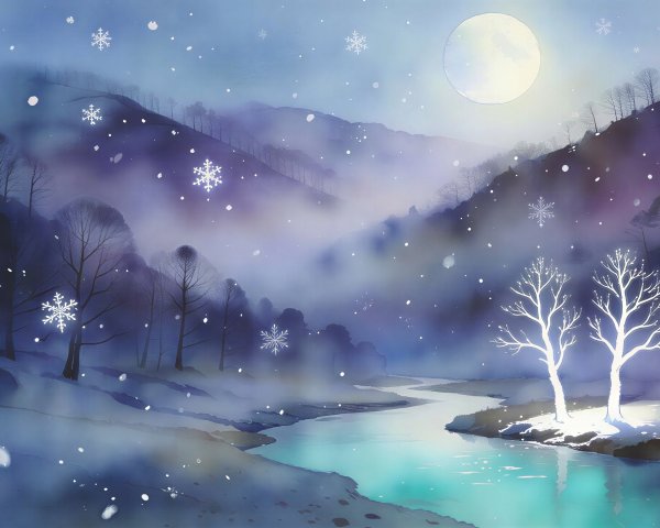 Winter Night Landscape with Moonlit River and Trees