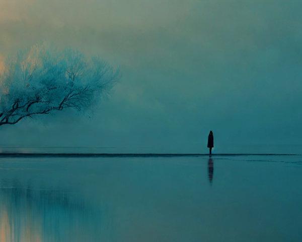 Solitary Figure by Tranquil Water in Misty Atmosphere