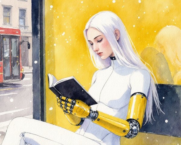Female Android Reading in Winter Cityscape