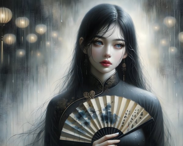 Serene Figure with Ornate Fan in Mystical Setting