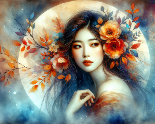 Young Woman Surrounded by Flowers and Autumn Leaves