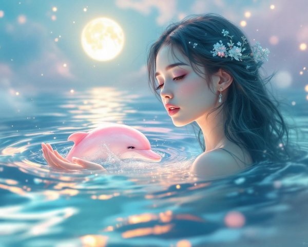 Young Woman with Dolphin in Moonlit Water Scene