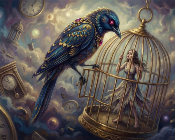 Giant Bejeweled Bird in Ornate Cage with Mystical Setting