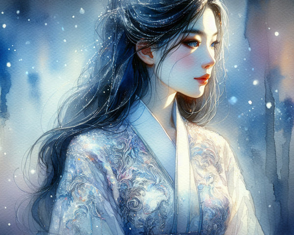 Young Woman in Embroidered Garment with Misty Background