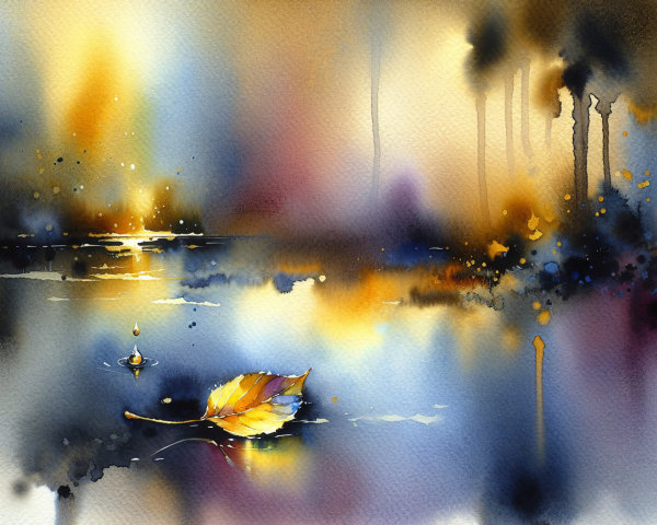Tranquil Watercolor Landscape at Dusk with Leaf