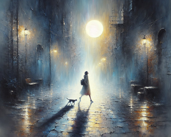 Mysterious alley illuminated by glowing moon and mist
