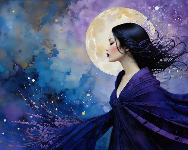 Serene Woman in Flowing Garment Under Glowing Moon