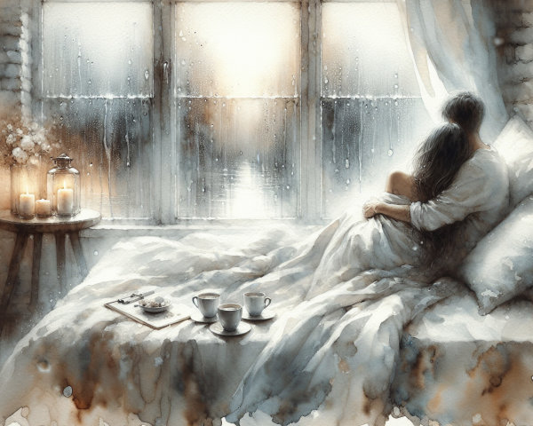 Cozy Couple Embracing by Rainy Window with Coffee