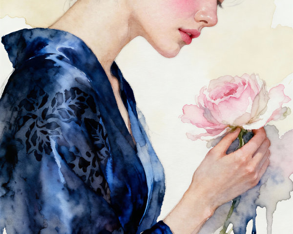 Watercolor Portrait of Woman in Blue Kimono with Peony