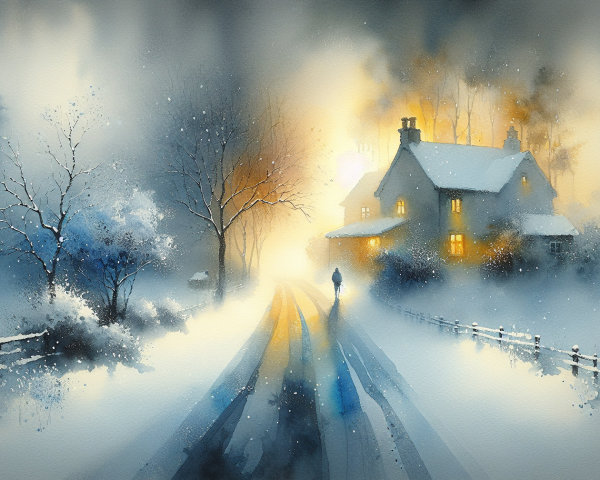 Winter Scene with Cozy House and Snowy Landscape