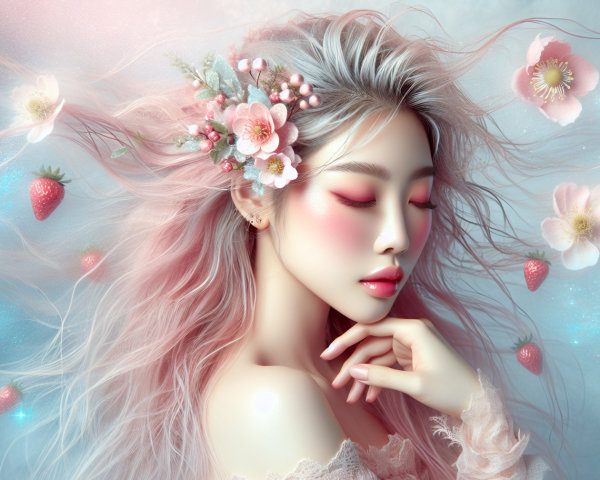 Serene Woman with Pastel Pink Hair and Floral Accents